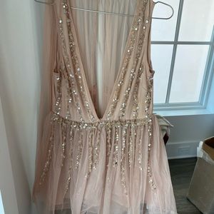 Beaded blush mini dress with cape
